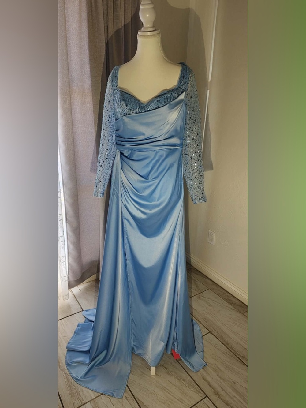 SHEIN Light Blue Satin Long Sleeve Evening Gown